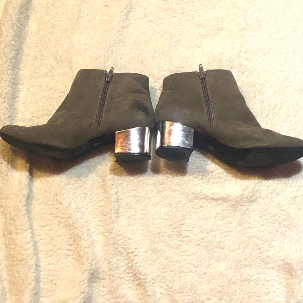 Gray booties with a silver heel